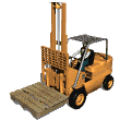 Animated forklift raising forks with empty skid